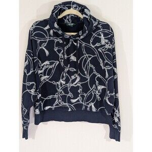 Lauren Ralph Lauren Cropped Hoodie Navy Chain Print Casual Pullover Sz L